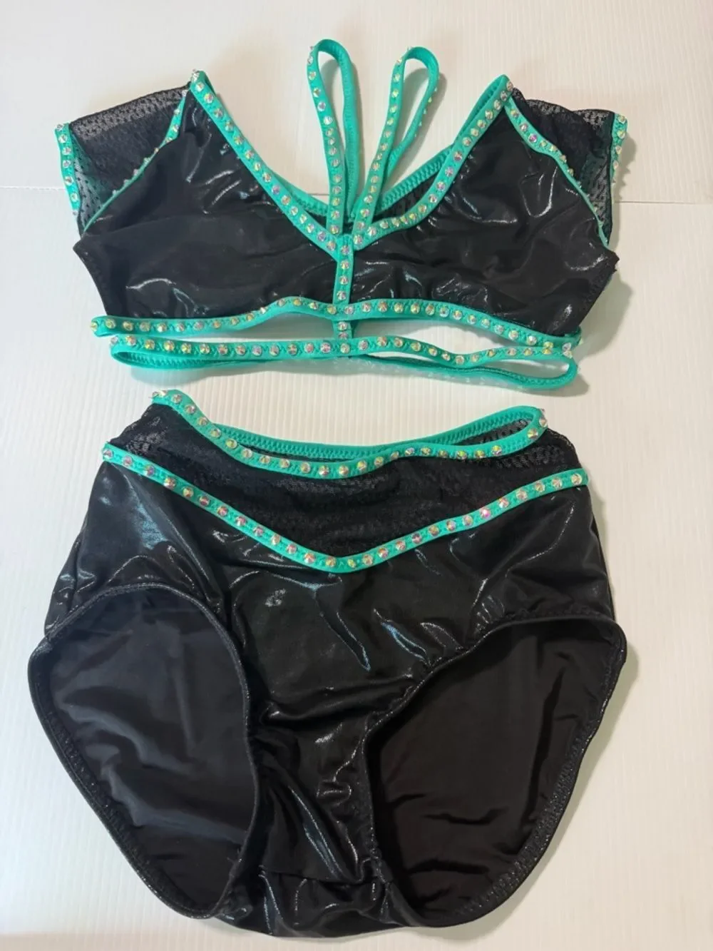Custom dance costume leotard black aqua blue 2 piece SA-Small adult
